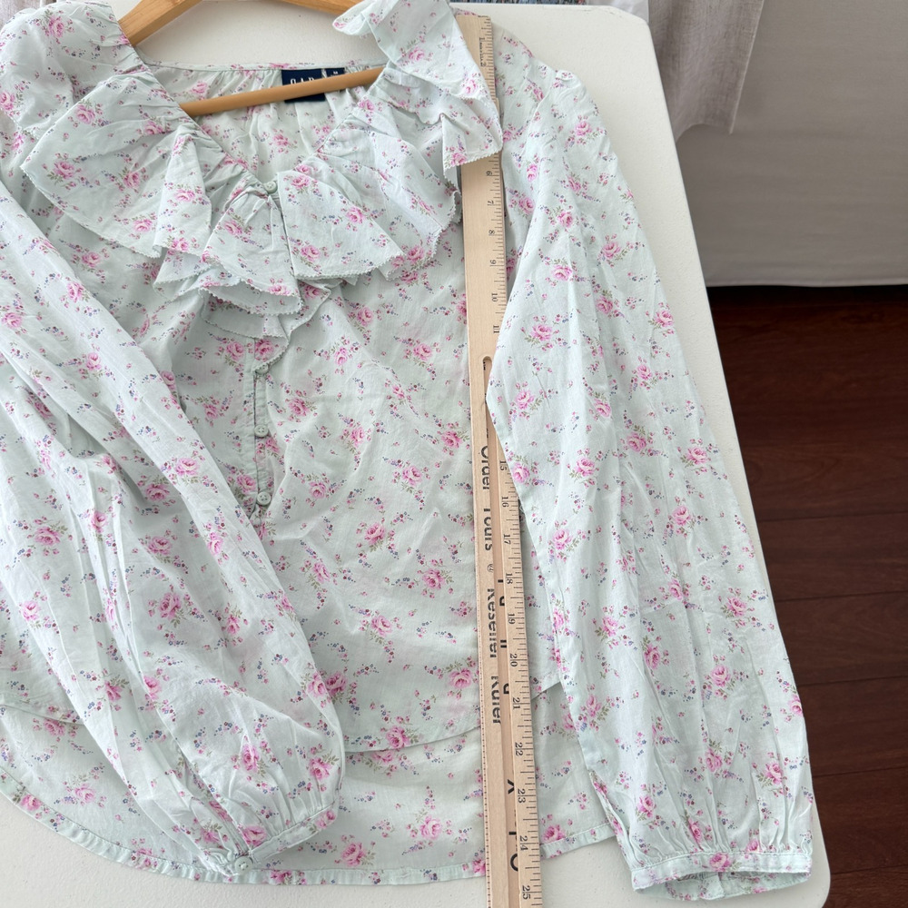 Gap Blouse Women Medium Blue Floral Cotton Ruffle Coquette Romantic Cottagecore - Picture 11 of 11